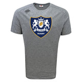Stay cool in the WRS Canterbury Villanova Rugby Club Tempo Vapodri T-Shirt, a gray short-sleeve tee with a large crest showing two lions, shield, and rugby ball. This moisture-wicking Canterbury sports shirt keeps you comfortable.