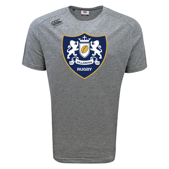 Stay cool in the WRS Canterbury Villanova Rugby Club Tempo Vapodri T-Shirt, a gray short-sleeve tee with a large crest showing two lions, shield, and rugby ball. This moisture-wicking Canterbury sports shirt keeps you comfortable.