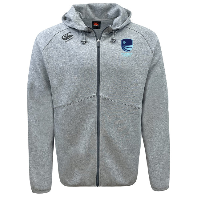 The Rugby VA Tempo Vapodri Full-Zip Hoodie by EMB Canterbury is a light gray hoodie with a hood, drawstrings, and two embroidered chest logos, shown on a white background.