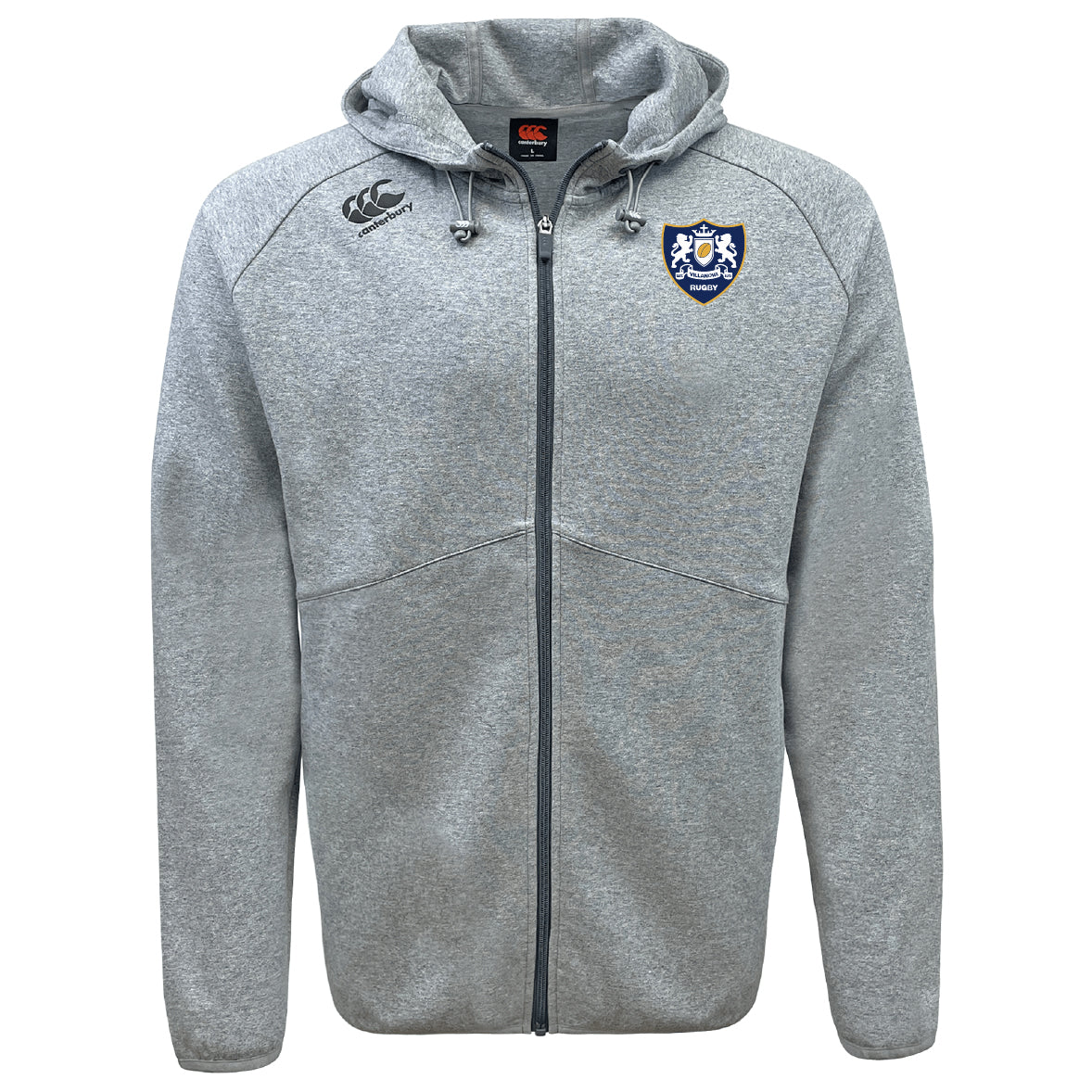 The Villanova Rugby Club Tempo Vapodri Full-Zip Hoodie by EMB Canterbury features a light grey color, drawstring hood, right chest Canterbury logo, blue and white crest on the left, and moisture-wicking fabric for comfort and style.
