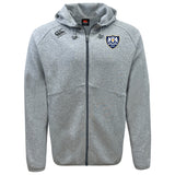 The Villanova Rugby Club Tempo Vapodri Full-Zip Hoodie by EMB Canterbury features a light grey color, drawstring hood, right chest Canterbury logo, blue and white crest on the left, and moisture-wicking fabric for comfort and style.