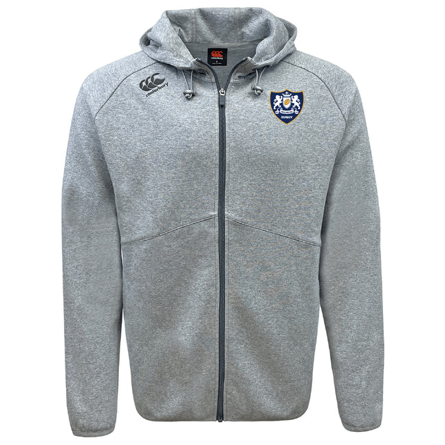 The Villanova Rugby Club Tempo Vapodri Full-Zip Hoodie by EMB Canterbury features a light grey color, drawstring hood, right chest Canterbury logo, blue and white crest on the left, and moisture-wicking fabric for comfort and style.