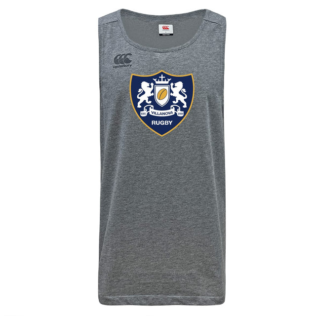 The Villanova Rugby Club Tempo Vapodri Singlet by WRS Canterbury is a gray sleeveless athletic shirt made from recycled polyester, featuring a crest with two lions and "Villanova Rugby" on the front.