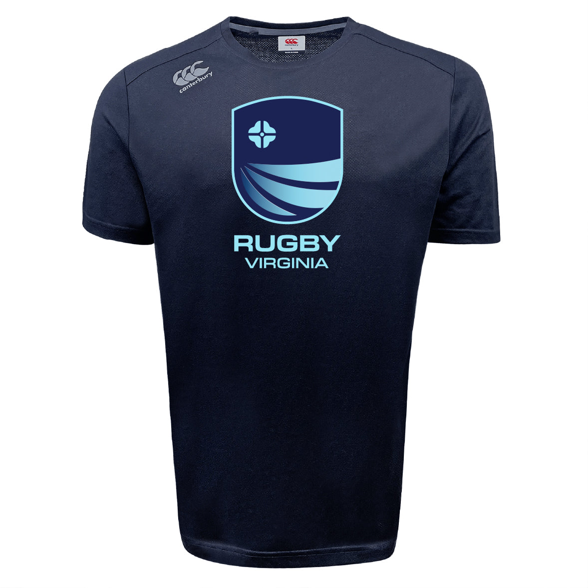 The Rugby VA Tempo Vapodri T-Shirt by WRS Canterbury features a light blue "Rugby Virginia" shield logo on navy, and its moisture-wicking fabric keeps you cool and dry during workouts.
