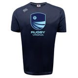 The Rugby VA Tempo Vapodri T-Shirt by WRS Canterbury features a light blue "Rugby Virginia" shield logo on navy, and its moisture-wicking fabric keeps you cool and dry during workouts.