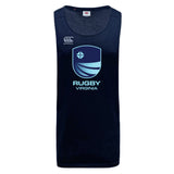 The Rugby VA Tempo Vapodri Singlet by WRS Canterbury is a navy sleeveless jersey with VapoDri tech, featuring a light blue "Rugby Virginia" logo and Canterbury branding on the chest.