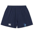 The Rugby VA Yokohama Short by Canterbury is navy blue with an elastic waistband, featuring the EMB Canterbury logo on the left leg and a Rugby World Cup 2023 logo on the right.
