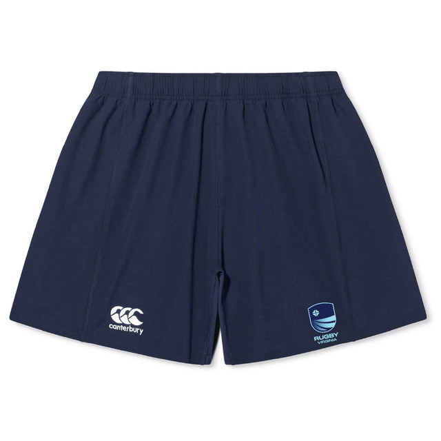 The Rugby VA Yokohama Short by Canterbury is navy blue with an elastic waistband, featuring the EMB Canterbury logo on the left leg and a Rugby World Cup 2023 logo on the right.
