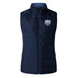The Villanova Rugby Club Women's Elite Microlite Gilet by Canterbury features a front zipper, Thermoreg bonded fleece for warmth, and a crest patch with rugby emblem on the left chest. Brand: EMB Canterbury.