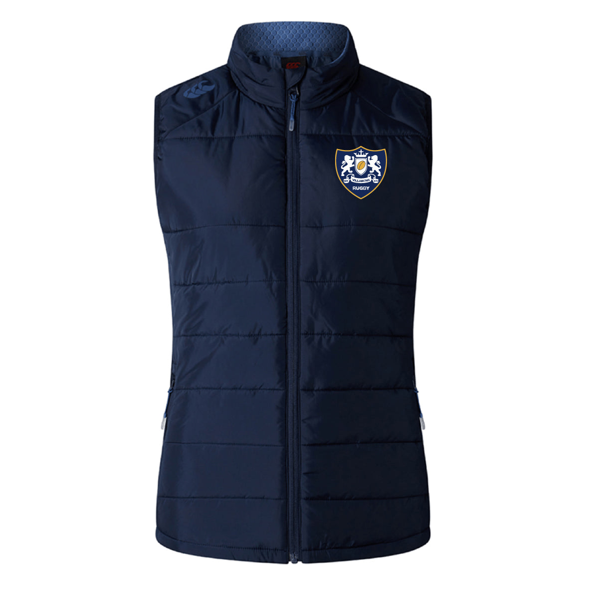 The Villanova Rugby Club Women's Elite Microlite Gilet by Canterbury features a front zipper, Thermoreg bonded fleece for warmth, and a crest patch with rugby emblem on the left chest. Brand: EMB Canterbury.