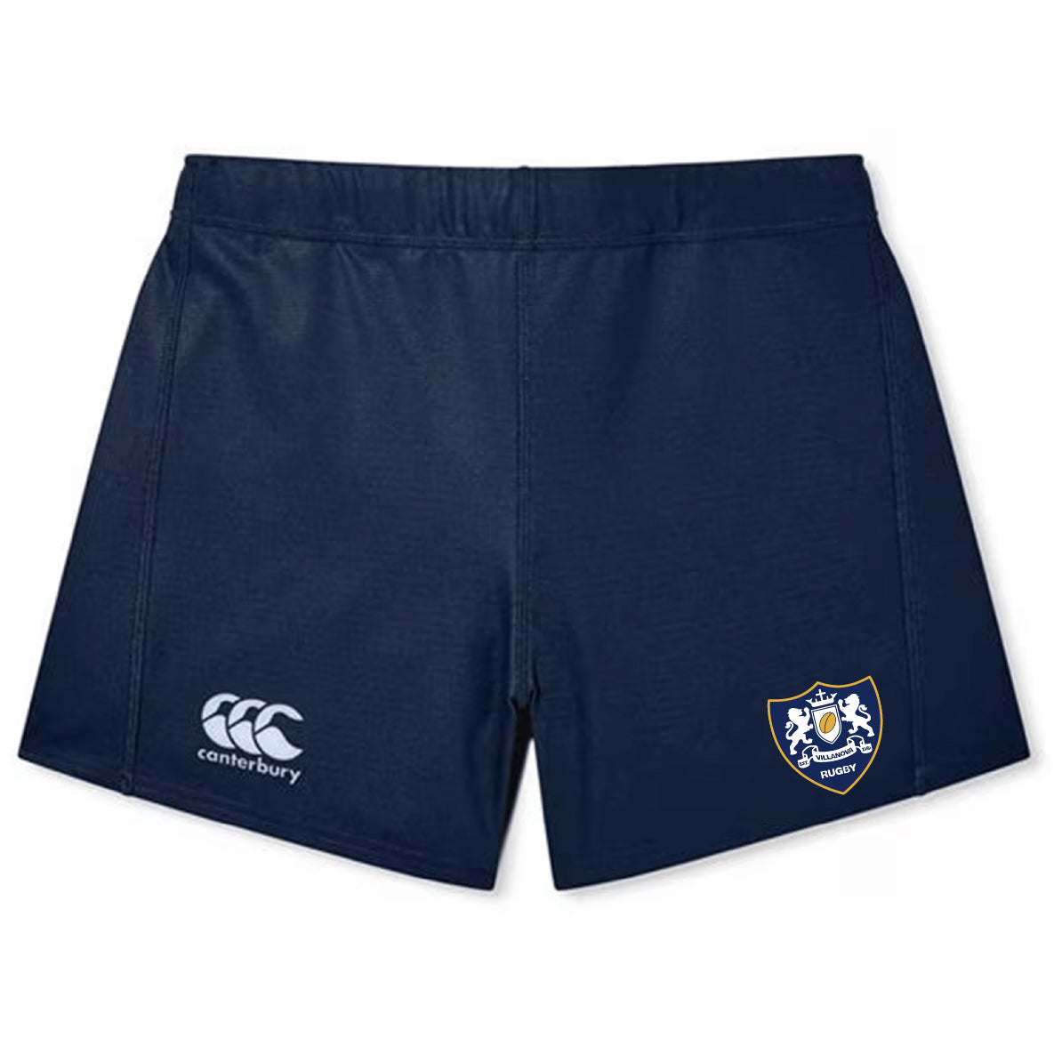The Villanova Rugby Club Women's Elite Woven Short by EMB Canterbury features the Canterbury logo on the left leg and a blue and white crest on the right, perfect as women's gym shorts.