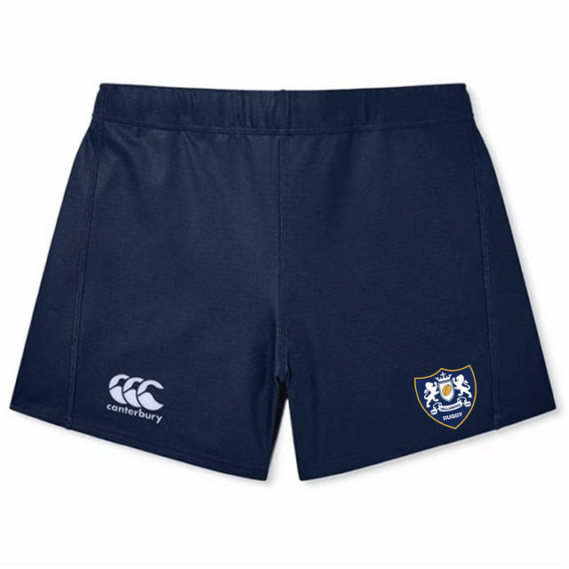 The Villanova Rugby Club Women's Elite Woven Short by EMB Canterbury features the Canterbury logo on the left leg and a blue and white crest on the right, perfect as women's gym shorts.