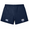 The Villanova Rugby Club Women's Elite Woven Short by EMB Canterbury features the Canterbury logo on the left leg and a blue and white crest on the right, perfect as women's gym shorts.