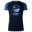 The Rugby VA Women's Elite Training Tee by WRS Canterbury features short blue sleeves and a bold "Rugby Virginia" logo with crest. Lightweight and breathable, it’s perfect for casual wear or intense training sessions.