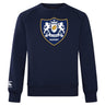 The Villanova Rugby Club Crew Sweatshirt by WRS Canterbury features a navy blue color, embroidered "Villanova Rugby" crest with two lions and shield on the chest, and a Canterbury logo on the lower sleeve for ultra-soft comfort.