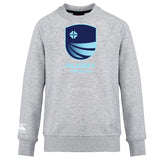 The Rugby VA Club Crew Sweatshirt by WRS Canterbury features ultra-soft light gray fabric, a bold blue "Rugby Virginia" chest logo, and an embroidered CCC logo on the left sleeve.