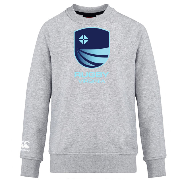 The Rugby VA Club Crew Sweatshirt by WRS Canterbury features ultra-soft light gray fabric, a bold blue "Rugby Virginia" chest logo, and an embroidered CCC logo on the left sleeve.