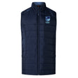 The Rugby VA Elite Microlite Gilet by EMB Canterbury is a navy blue padded vest with a front zipper and "Rugby Ireland" logo, crafted from Thermoreg fleece for warmth—an insulated hybrid inspired by the Canterbury Elite Gilet.