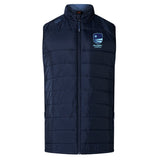 The Rugby VA Elite Microlite Gilet by EMB Canterbury is a navy blue padded vest with a front zipper and "Rugby Ireland" logo, crafted from Thermoreg fleece for warmth—an insulated hybrid inspired by the Canterbury Elite Gilet.