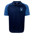 The Rugby VA Elite Polo by EMB Canterbury features navy and light blue short sleeves, a collar, Rugby Victoria chest logo, and breathable Vapodri fabric for a comfortable, lightweight fit.