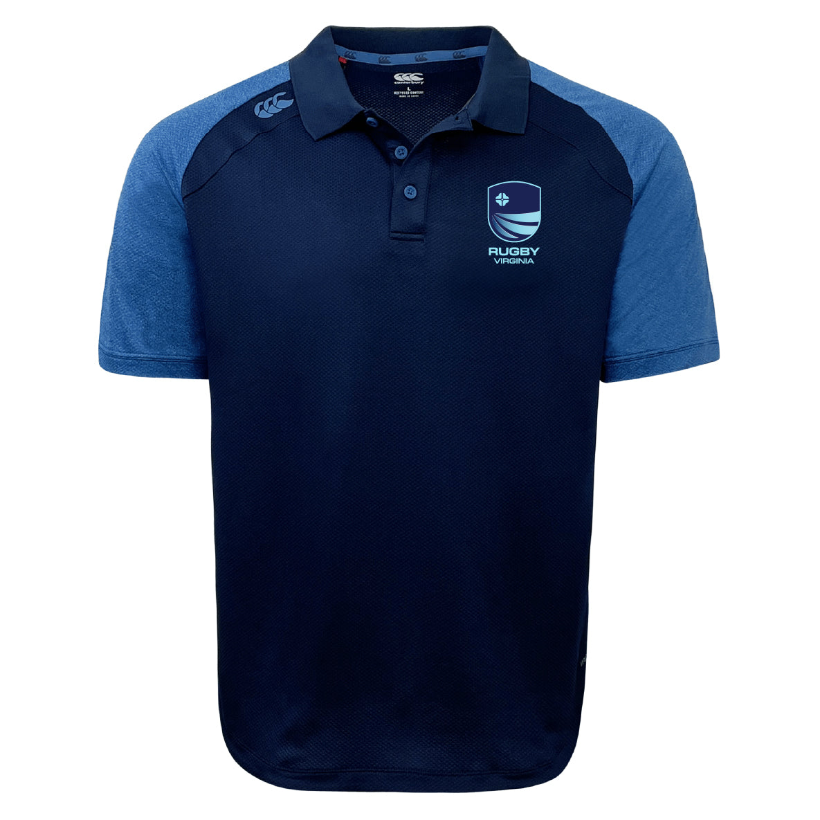 The Rugby VA Elite Polo by EMB Canterbury features navy and light blue short sleeves, a collar, Rugby Victoria chest logo, and breathable Vapodri fabric for a comfortable, lightweight fit.