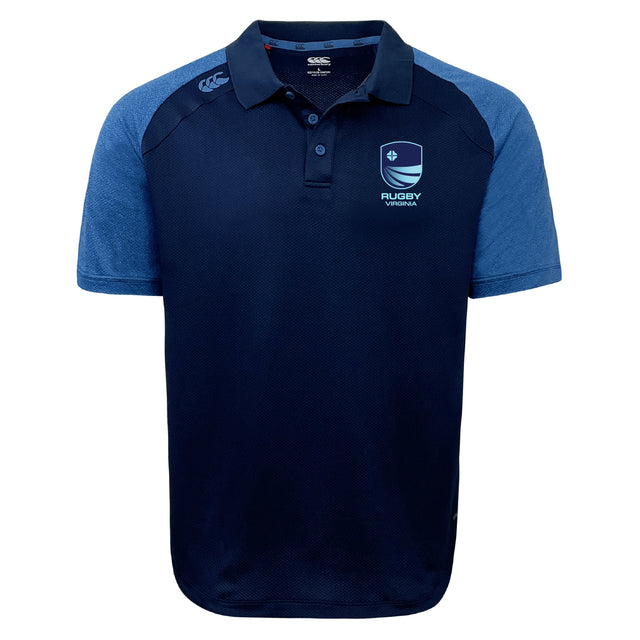 The Rugby VA Elite Polo by EMB Canterbury features navy and light blue short sleeves, a collar, Rugby Victoria chest logo, and breathable Vapodri fabric for a comfortable, lightweight fit.