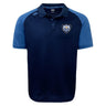 The Villanova Rugby Club Elite Polo by EMB Canterbury features navy and light blue colors, short sleeves, a collar, button placket, embroidered chest crest, logo on the shoulder, and lightweight Vapodri fabric for all-day comfort.