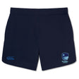 The Rugby VA Elite Woven Short by EMB Canterbury features a navy design, logo details on each leg, and zippered pockets—perfect training shorts for your active lifestyle.