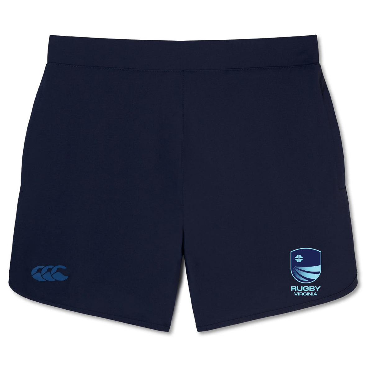 The Rugby VA Elite Woven Short by EMB Canterbury features a navy design, logo details on each leg, and zippered pockets—perfect training shorts for your active lifestyle.