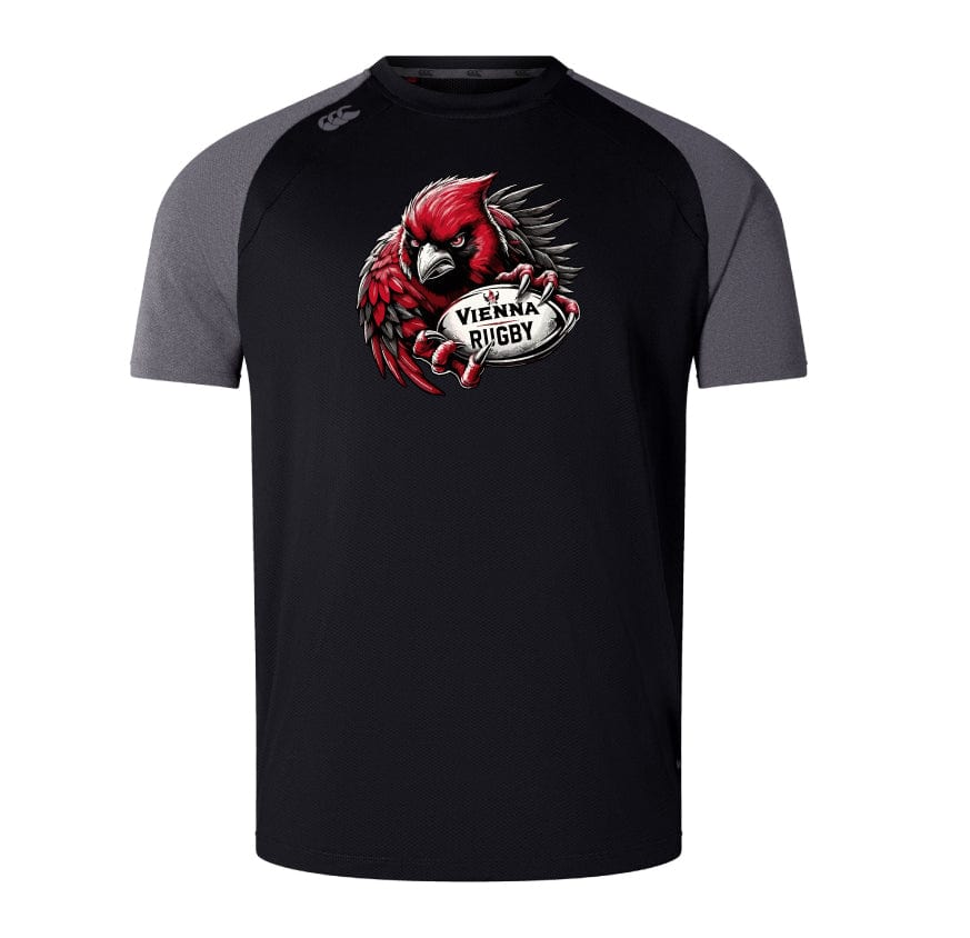 The Vienna Rugby Women's Elite Training Tee by WRS Canterbury, in black and gray, is crafted with recycled polyester. It features a red bird graphic holding a rugby ball along with the "Vienna Rugby" text, making it perfect for enthusiasts who value both style and performance.