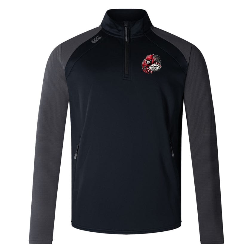The Vienna Rugby Women's Elite First Layer by Canterbury, crafted with VapoDri technology from honeycomb fabric in black and gray, features a dragon logo on the left chest. Ideal for workouts or casual wear, this quarter-zip pullover from EMB Canterbury keeps you comfortable and stylish.