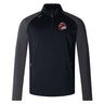 The Vienna Rugby Women's Elite First Layer by Canterbury, crafted with VapoDri technology from honeycomb fabric in black and gray, features a dragon logo on the left chest. Ideal for workouts or casual wear, this quarter-zip pullover from EMB Canterbury keeps you comfortable and stylish.