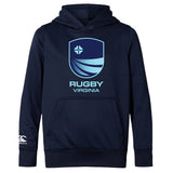 The Rugby VA Club Lightweight Hoodie by WRS Canterbury is navy blue, features a kangaroo pocket, a light blue "Rugby Virginia" logo and crest on the front, and a small white Canterbury Club logo on the left sleeve.