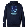 The Rugby VA Club Lightweight Hoodie by WRS Canterbury is navy blue, features a kangaroo pocket, a light blue "Rugby Virginia" logo and crest on the front, and a small white Canterbury Club logo on the left sleeve.