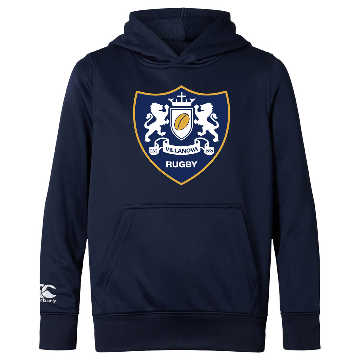The Villanova Rugby Club Lightweight Hoodie by WRS Canterbury is a navy blue hoodie with the club crest on the chest and the Canterbury logo on the left sleeve.