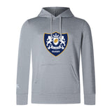 The Villanova Rugby Club Lightweight Hoodie by Canterbury from WRS Canterbury is light gray, features a large crest with two white lions on the chest, and includes a front kangaroo pocket.