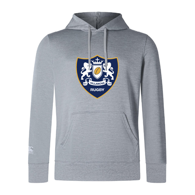 The Villanova Rugby Club Lightweight Hoodie by Canterbury from WRS Canterbury is light gray, features a large crest with two white lions on the chest, and includes a front kangaroo pocket.