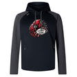 The Vienna Rugby Elite Training Hoody by WRS Canterbury features a black and gray design with "Vienna Rugby" text and a red bird holding a rugby ball on the front. Crafted from lower impact materials, it offers enhanced performance and comfort.