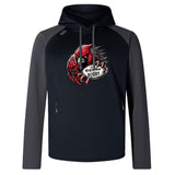 The Vienna Rugby Elite Training Hoody by WRS Canterbury features a black and gray design with "Vienna Rugby" text and a red bird holding a rugby ball on the front. Crafted from lower impact materials, it offers enhanced performance and comfort.