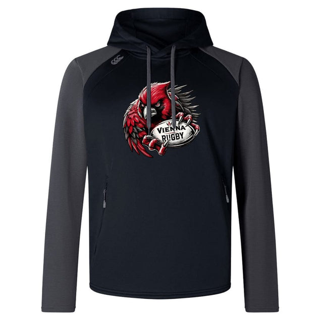 The Vienna Rugby Elite Training Hoody by WRS Canterbury features a black and gray design with "Vienna Rugby" text and a red bird holding a rugby ball on the front. Crafted from lower impact materials, it offers enhanced performance and comfort.
