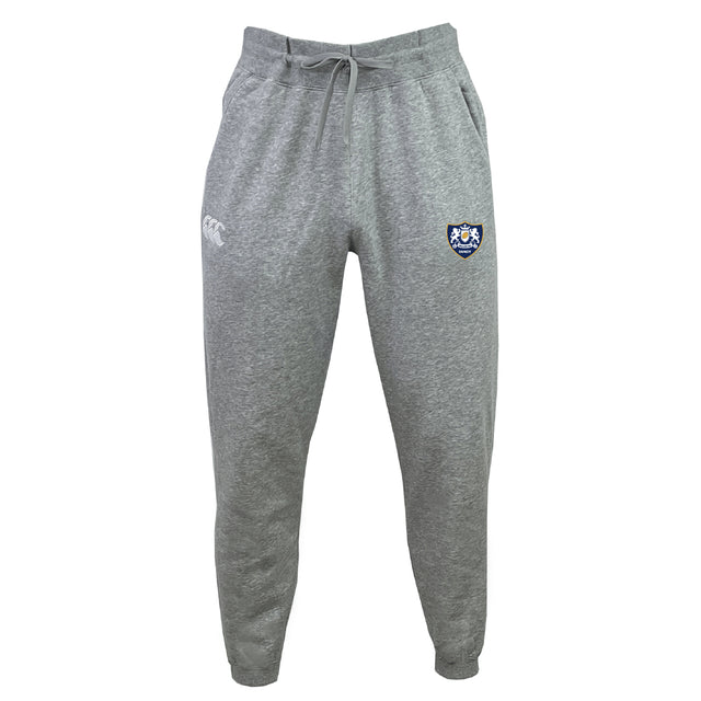 The Villanova Rugby Club Leisure Sweatpant by EMB Canterbury features recycled polyester fleece, an elastic waistband with drawstring, and two embroidered thigh logos. Displayed on a white background, these joggers are ideal for modern leisurewear.