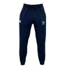 The Rugby VA Leisure Sweatpant by EMB Canterbury features a navy blue design, drawstring waist, white Canterbury logo on the left thigh, and rugby emblem on the right, combining comfort and style.