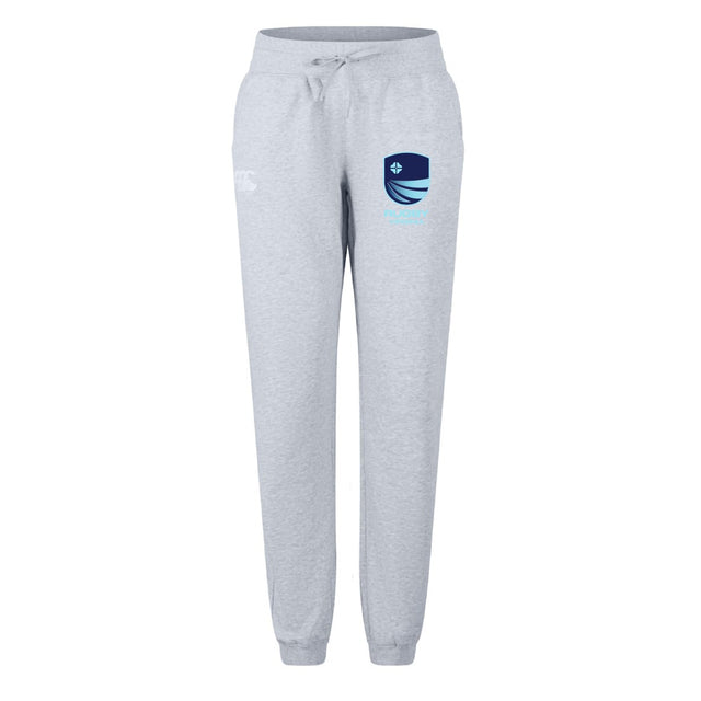 The EMB Canterbury Rugby VA Women's Leisure Sweatpant features light grey organic cotton, an elastic waistband, drawstring, and two printed thigh logos, inspired by classic Canterbury rugby apparel.