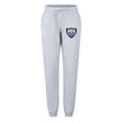 The Villanova Rugby Club Women's Leisure Sweatpant by EMB Canterbury features light grey organic cotton, a drawstring waist, ribbed cuffs, and a blue and white embroidered crest—ideal for relaxing or rugby training sessions.