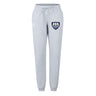 The Villanova Rugby Club Women's Leisure Sweatpant by EMB Canterbury features light grey organic cotton, a drawstring waist, ribbed cuffs, and a blue and white embroidered crest—ideal for relaxing or rugby training sessions.