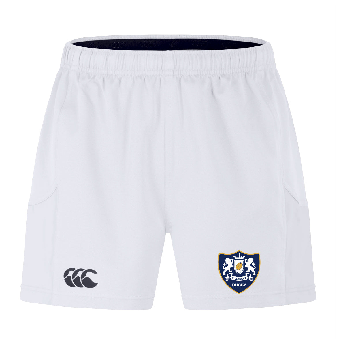 The Villanova Rugby Club Advantage Short 2.0 by EMB Canterbury features an elastic waistband, black Canterbury logo on the left leg, blue and gold Villanova crest on the right, and is made from recycled content sportswear for sustainability.