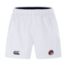 The Vienna Rugby Advantage Short 2.0 by EMB Canterbury showcases an embroidered logo on the left leg and a small emblem on the right, fusing style with sustainable activewear for those who demand performance.