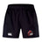 The Vienna Rugby Advantage Short 2.0 by EMB Canterbury features black sports shorts with a dragon and "Wheelchair Rugby" logo on one side and a three-logo design on the other, crafted with recycled content for enhanced performance.