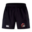 The Vienna Rugby Advantage Short 2.0 by EMB Canterbury features black sports shorts with a dragon and "Wheelchair Rugby" logo on one side and a three-logo design on the other, crafted with recycled content for enhanced performance.