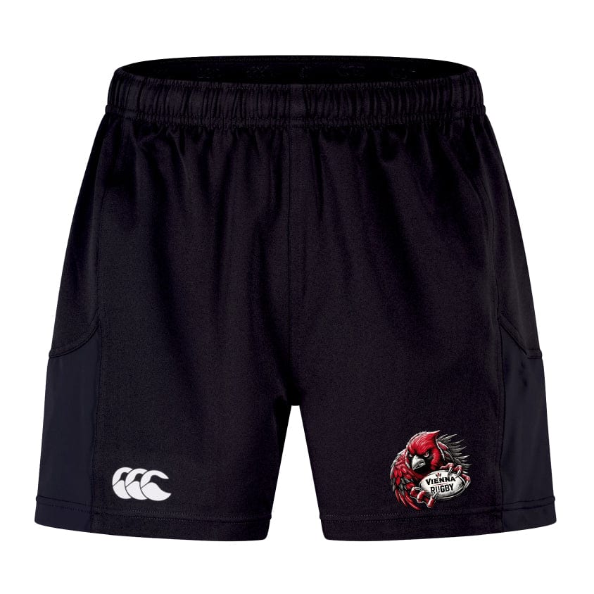 The Vienna Rugby Advantage Short 2.0 by EMB Canterbury features black sports shorts with a dragon and "Wheelchair Rugby" logo on one side and a three-logo design on the other, crafted with recycled content for enhanced performance.